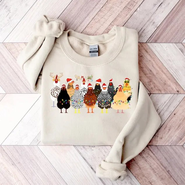 Сute Christmas Chickens Sweatshirt, Christmas Farm Animals Sweatshirt, Womens Christmas Chicken Sweatshirt,Christmas...