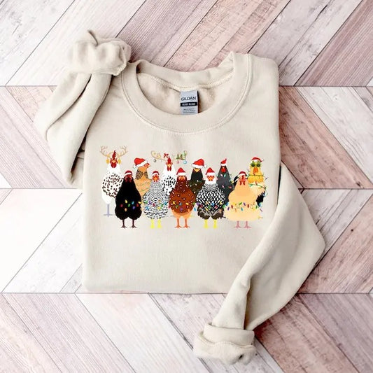 Сute Christmas Chickens Sweatshirt, Christmas Farm Animals Sweatshirt, Womens Christmas Chicken Sweatshirt,Christmas...