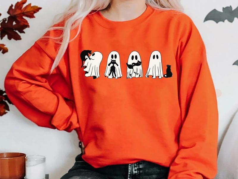 Сute Ghost Cat Sweatshirt, Ghost Cat Halloween Shirt, Cat Lovers Shirt, Retro Ghost Halloween Shirt, Halloween Cat,...