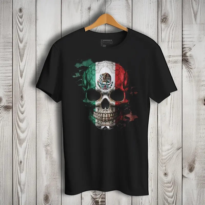 DTG Printed Mexican Flag Skull 2.0 Short Sleeve T-Shirt for Men - Soft 100% Ring-Spun Combed Cotton Classic Crewneck Top...