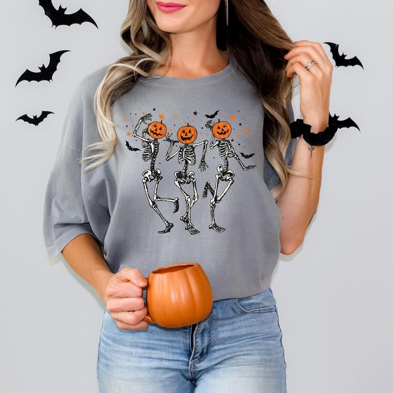 Dancing Skeleton Pumpkin Shirt, Retro Halloween Women's Shirt, Funny Fall Halloween Party Shirt, Spooky Season Skeleton...