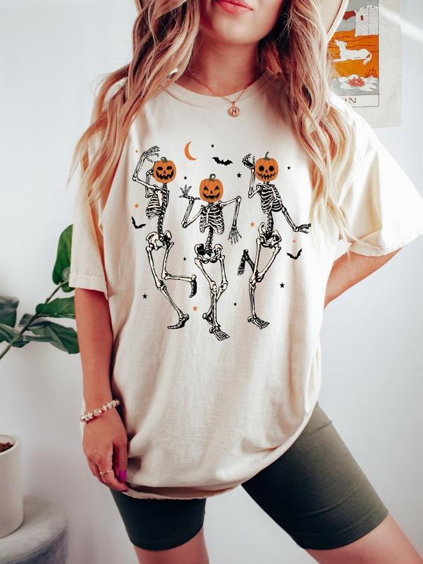 Dancing Skeleton Pumpkin TShirt, Retro Halloween Shirt, Womens Halloween Shirt, Cute Fall Shirt, Spooky Season, Pumpkin...