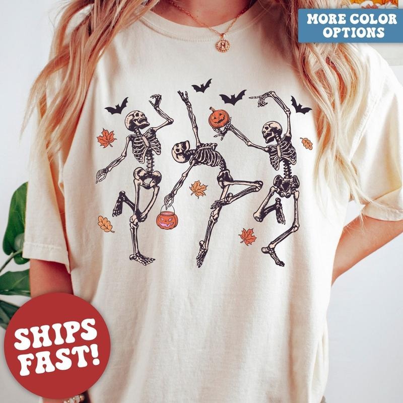 Dancing Skeleton Shirt, Halloween Shirt, Halloween Costume, Pumpkin Shirt, Retro Halloween Shirt Summer Casual Hoodie,...