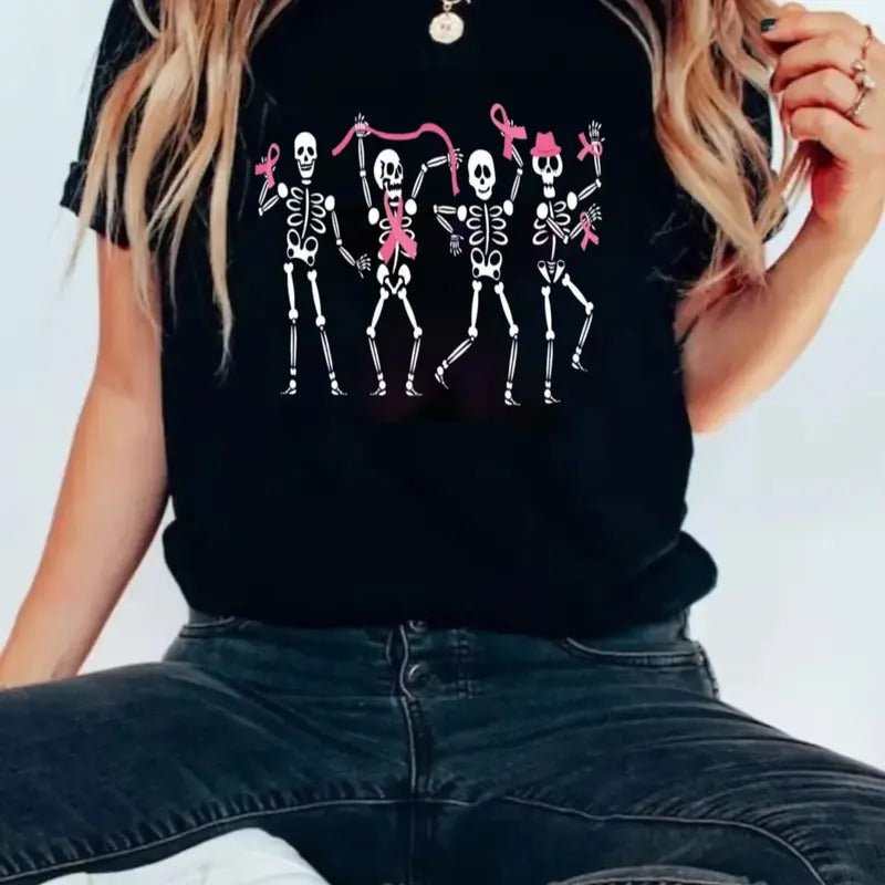 Dancing Skeletons Breast Cancer Shirt, Skeletons Pink Ribbon Cancer Awareness Tee, Halloween Breast Cancer Month Shirt,...