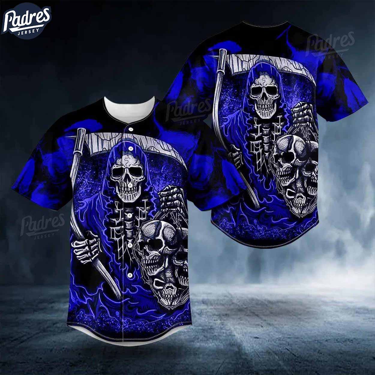 Dark Blue Fatal Shears Grim Reaper Skull Baseball Jersey - Padres Jersey Oasis: Elevate Your Baseball Style Game...