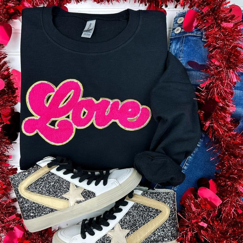 Dark Pink Chenille LOVE Patch Sweatshirt T-Shirts, Hoodie | WearSparks.com