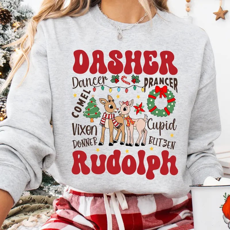 Dasher Dancer Prancer Rudolph the Red-nosed Reindeer Christmas Shirt,Christmas Frosty's Snowflake Hoodie, Snowman...