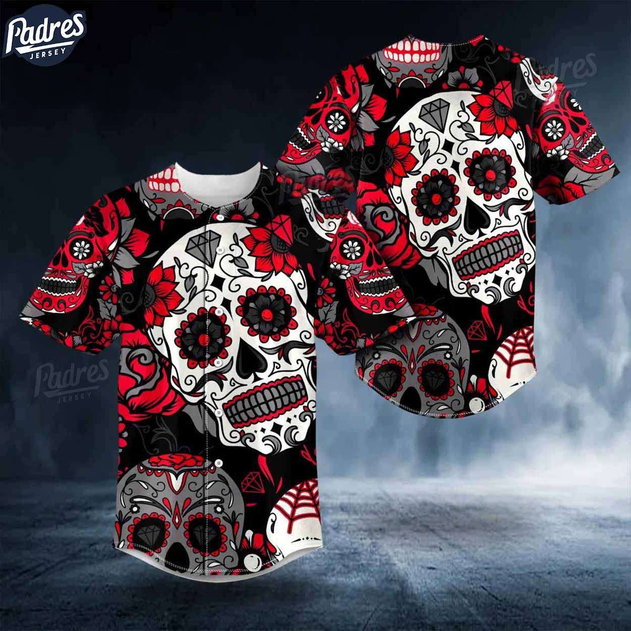 Day Of The Dead Pattern Blood Skull Baseball Jersey - Padres Jersey Oasis: Elevate Your Baseball Style Game T-Shirts,...