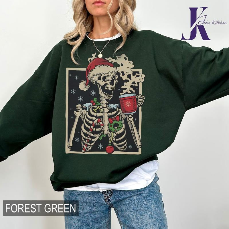 Dead Inside Skeleton Christmas Sweatshirt, Coffee Lover Christmas, Gift Fall Sweater, Sarcastic Christmas, Coffee Shirt,...