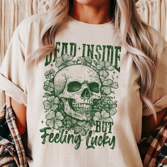 Dead Inside but Feeling Lucky Skull St Patricks Day Graphic Tee Skeleton Clover Dead Inside Tshirt St. Pattys Lucky Skull...