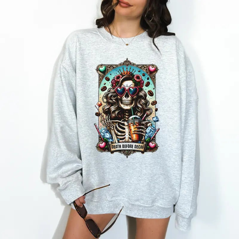 Death Before Decaf Unisex Crewneck Sweatshirt - Print is Sublimation, Christmas Crewneck, Gift Idea, Relaxed Fit, Casual...