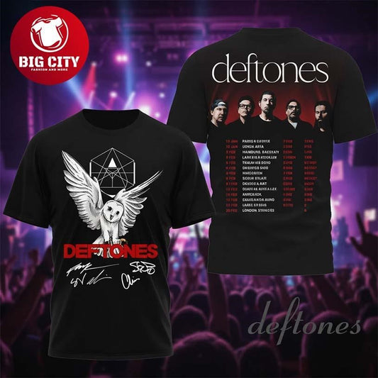 Deftones 2026 European Tour Owl Graphic Rock Band Fan Collector Gift 2026 Two Sided Shirt