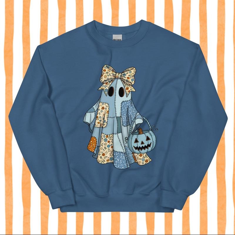 Denim Ghost Patchwork Halloween Sweatshirt - Autumn Unisex Apparel Relaxed Fit Printed In The USA Clothing Womenswear...