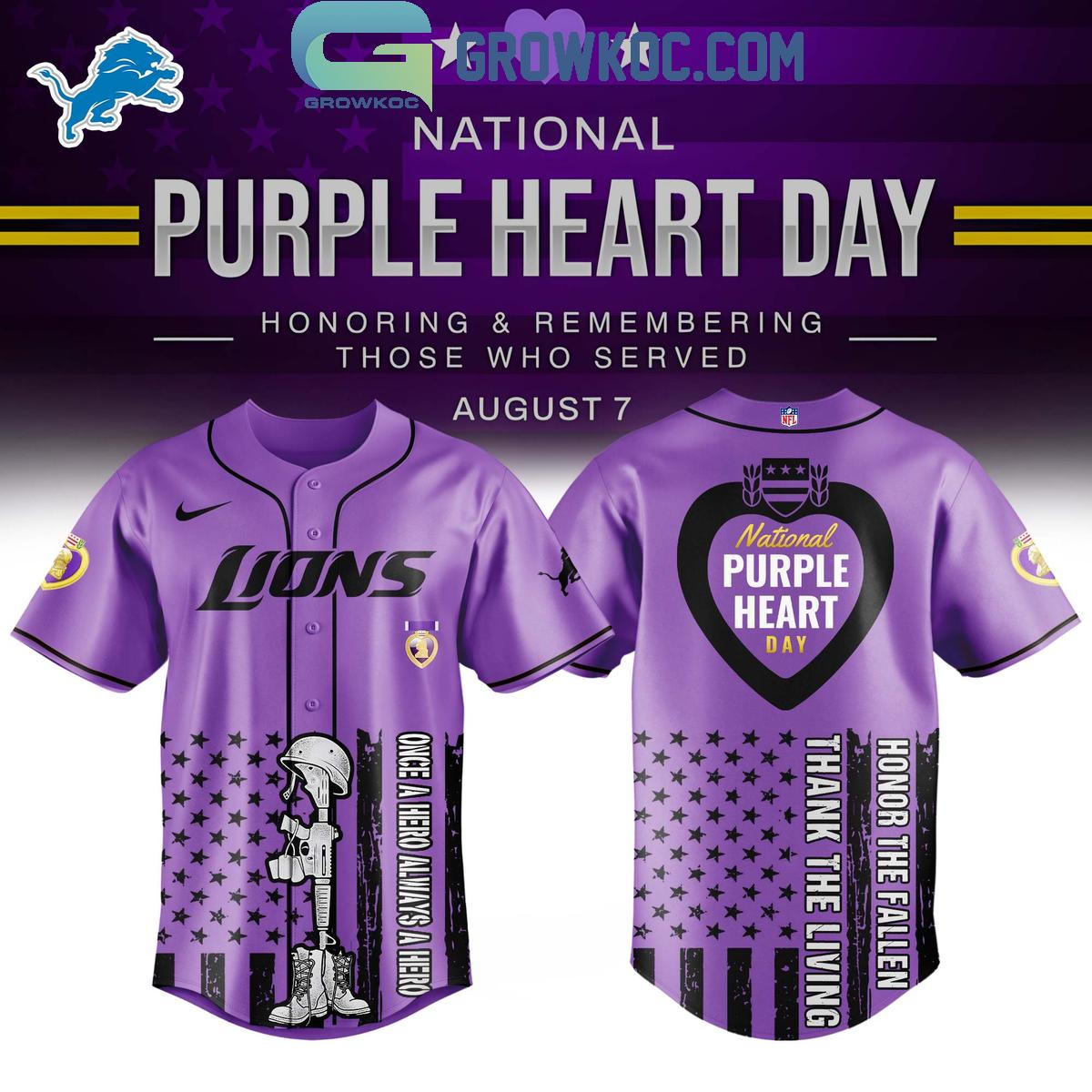 Detroit Lions Purple Heart Day 2025 Baseball Jersey