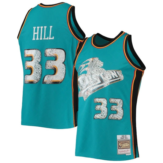 Detroit Pistons #33 Grant Hill Mitchell & Ness 1998-99 Hardwood Classics 75th Anniversary Diamond Swingman Jersey - Teal