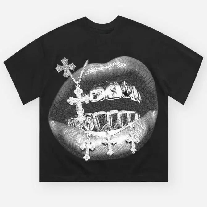 Diamond Cross Grillz Graphic T-Shirt, Bold Lips and Bling Design, Iconic Streetwear Fashion, Trendy Grills and Jewelry...