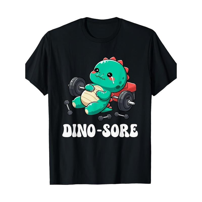 Dino-Sore Cute Dinosaur Gym Fitness Lifting T-Shirt, Cotton Crew Neck Short Sleeve Tee, Casual Geometric Pattern Knit...