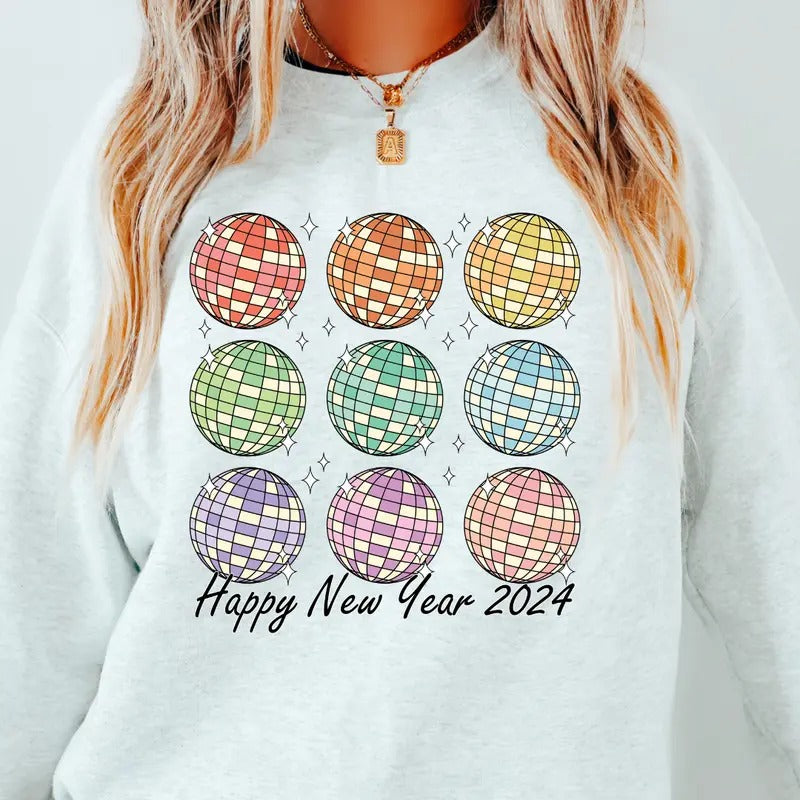 Disco Ball Pattern Happy New Year Causal Sweatshirt Unisex Fit Womenswear Hoodie T-Shirts | WearSparks.com