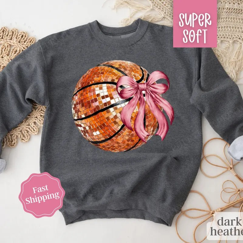 Disco Basketball Bow Sweatshirt, Game Day Basketball Crewneck, Womens Sweatshirt T-Shirts, Hoodie | WearSparks.com