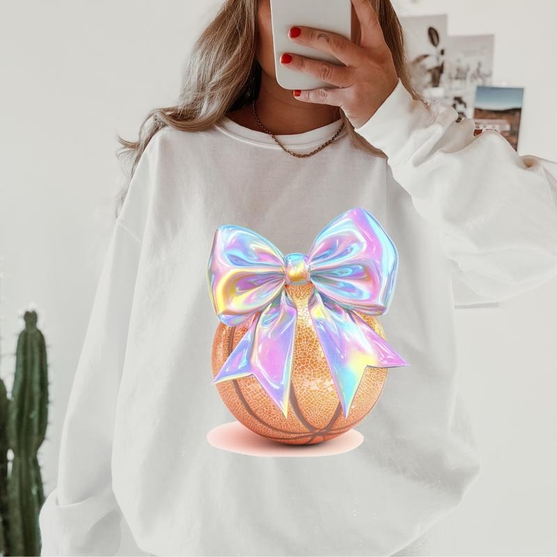 Disco Basketball with Bow Crewneck, Retro Cotton, Crewneck Fashion Fit Sleeve Comfortable Cute, CASUAL COTTON CREWNECK...