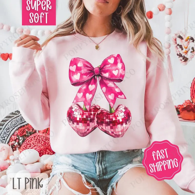 Disco Cherry Bow Sweatshirt, Valentine's Day Crewneck, Holiday Women's Sweater T-Shirts, Hoodie | WearSparks.com
