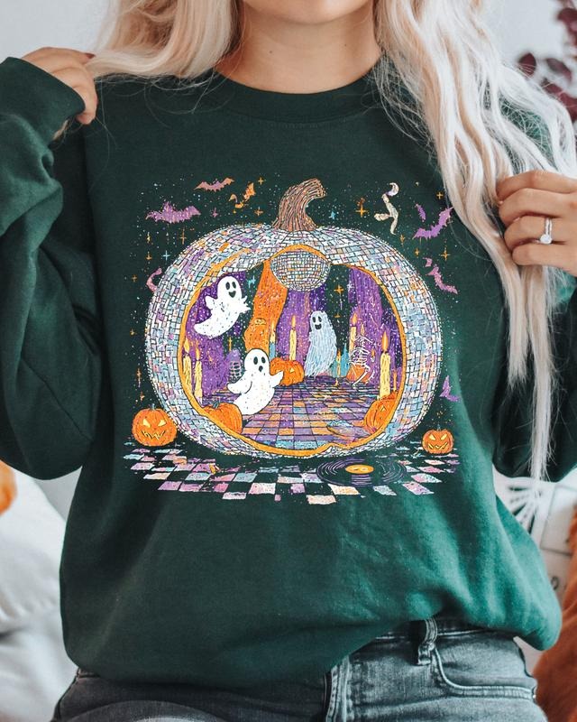 Disco Ghost Pumpkin Party Sweatshirt Fall Oversized Look Trendy Retro Style Top Long Sleeve Crew Neck Medium Length...