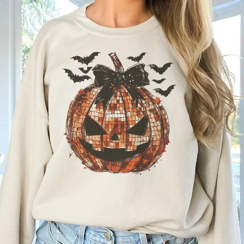 Disco Pumpkin Jack O Lantern Sweatshirt Halloween Pumpkin Pullover Disco Pumpkin Halloween Sweatshirt Coquette Jack O...