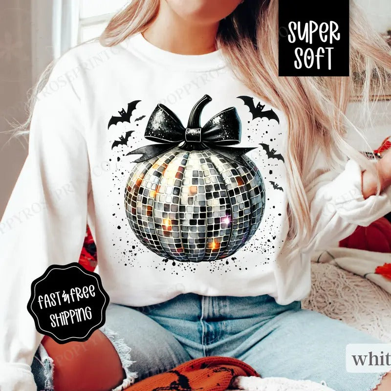 Disco Pumpkin Sweatshirt, Preppy Fall Crewneck, Womens Sweatshirt, Fall Pumpkin Sweater T-Shirts, Hoodie | WearSparks.com
