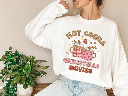 Distressed Hot Cocoa and Christmas Movies Crewneck Sweatshirt, Holiday Sweater, Ugly Xmas Sweater, Hot Chocolate...
