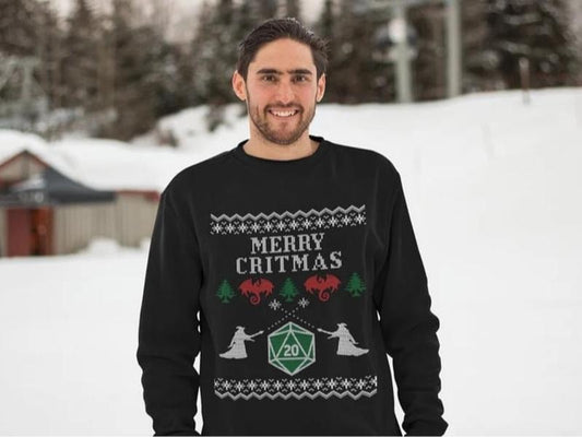 DnD Ugly Christmas Sweatshirt - Merry Critmas with D20, Wizards & Dragons - Festive Gift for RPG Lovers, Dungeons and...