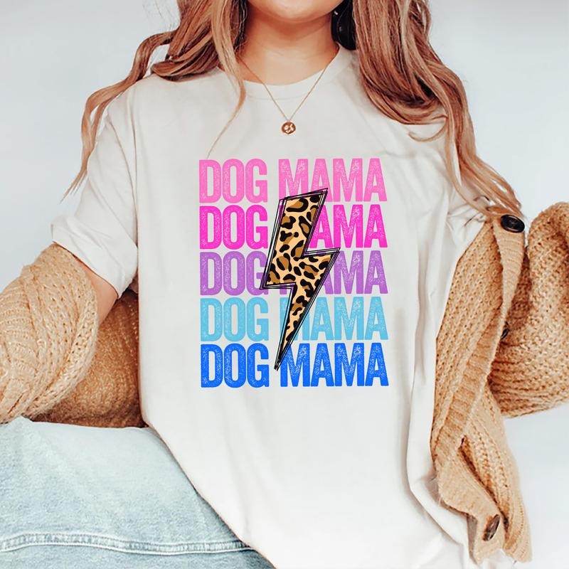 Dog Mama Shirt, Cute Dog Mom Tee, Gifts For Dog Lovers, Retro Leopard Lightning Shirt Cotton Fabric, Dog Mom Graphic...