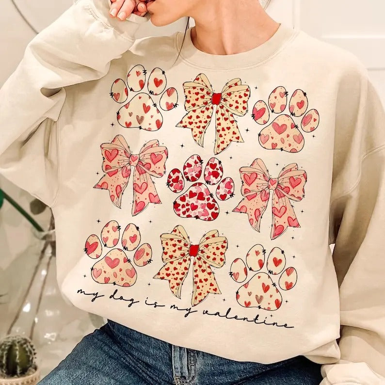 Dog Valentine Coquette Sweatshirt Dog Mom , Valentine's Day , Dog Paw Print Heart , Valentine  , Dog Lover Gift, Dog...