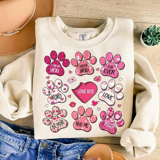 Dog Valentine Sweatshirt Dog Mom , Valentine's Day , Dog Paw Print Heart , Valentine  , Dog Lover Gift, Candy Hearts...
