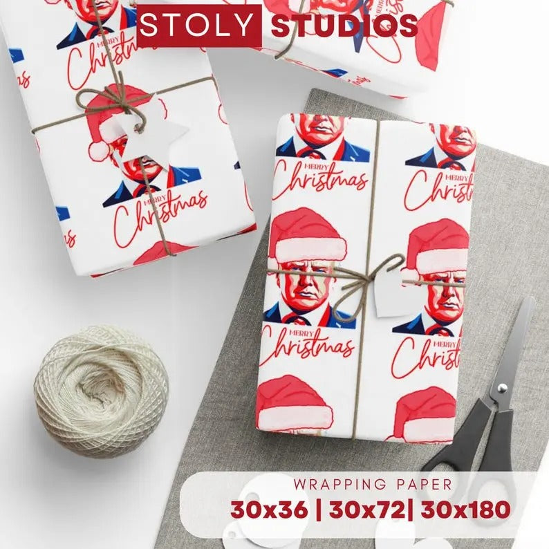 Donald Trump Christmas wrapping paper, Trump Santa wrapping paper for xmas gift wrapping, Traditional xmas wrap, red...