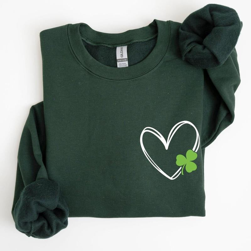 Double Heart With Shamrock, Pocket Print, St Patrick's Day Sweatshirt T-Shirts, Hoodie | WearSparks.com