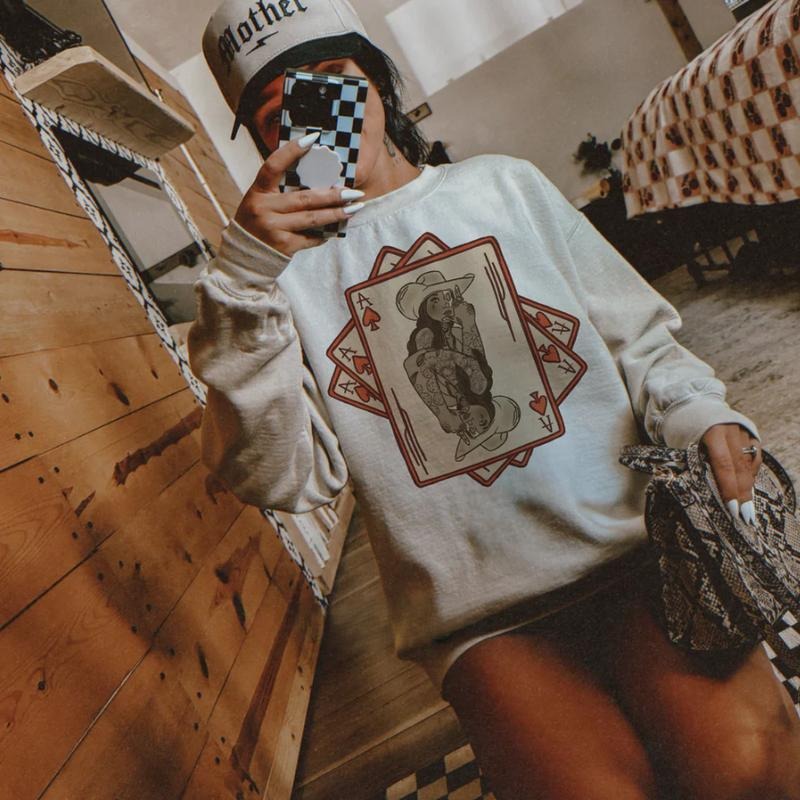 Double Trouble Cowgirl Cards Sweatshirt, vintage crewneck sweatshirts, western outfit women, cowgirl outfits, western...