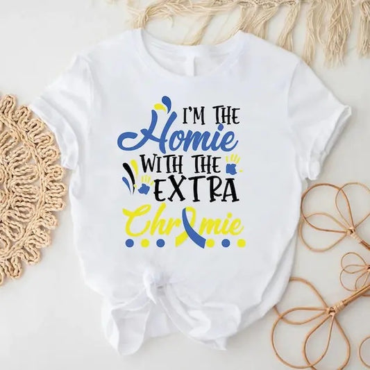 Down Syndrome Awareness Tee,I Am The Homie With Extra Chromie Tee, Down Syndrome Yellow Blue Ribbon Gift,Extra Chromosome...
