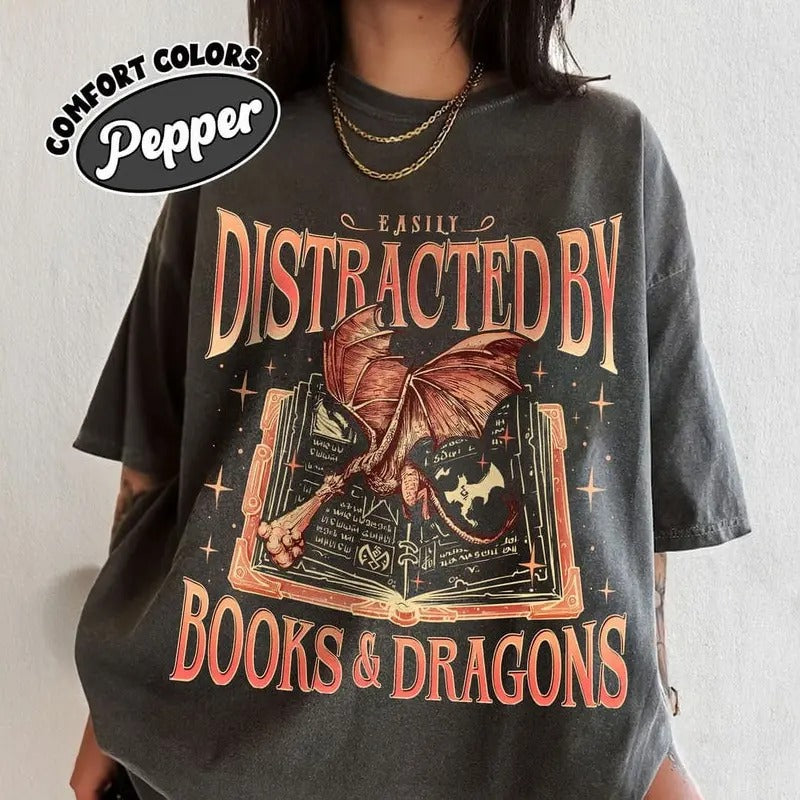 Dragon Book Shirt, Bookworm Book Dragon Sweatshirt, Easily Distracted By Dragons And Books Shirts,Dragon Rider Fan Merch,...