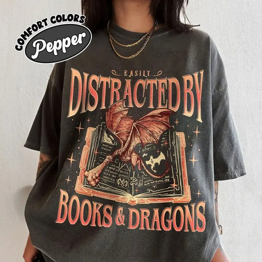Dragon Book Shirt, Bookworm Book Dragon Sweatshirt, Easily Distracted By Dragons And Books Shirts,Dragon Rider Fan Merch,...