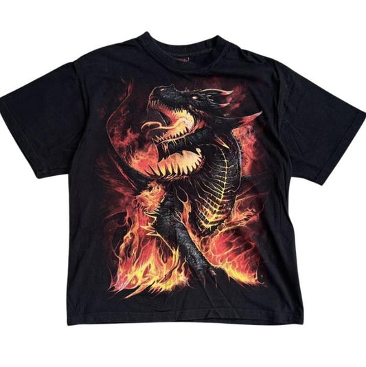 Dragon Fire Black T-Shirt, Vintage Graphic Tees Gothic Biker Grunge Y2k Emo Scene Amity Affliction Style Clothes Men...