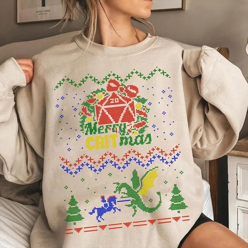 Dragons Christmas Party Sweatshirt, Christmas Sweatshirt For DnD Fans, Polyhedral Dice Xmas Hoodie, Merry Critmas...