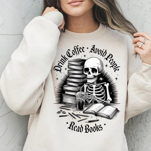 Drink Coffee Avoid People Read Books Shirt, Skeleton tbr, Books and Coffee , Trendy design, Sublimation,SSticker Hoodie,...