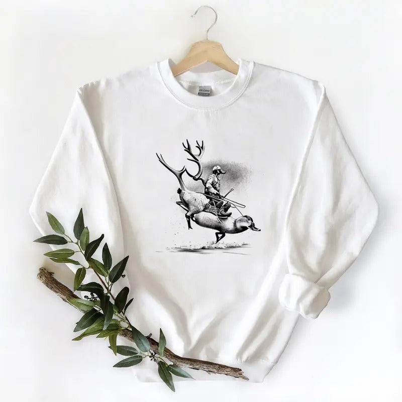 Duck and Hunter Riding Deer Unisex Tshirt Sweatshirt Hoodie, for duck hunters, husbands and Mallard duck lovers Cotton...