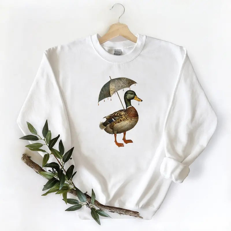 Duck under umbrella Retro Sweatshirt Mallard Duck on box Unisex Tshirt Hoodie, duck lovers Cotton | WearSparks.com