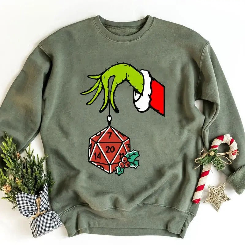 Dungeons and Dragons Christmas The Grin Hand Holding DnD Polyhedral Dice D20 Christmas Season Graphic Printed Unisex...
