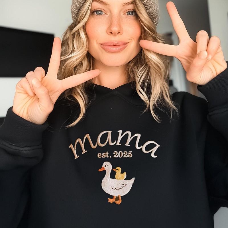 EMBROIDERED Custom Mama Goose Sweatshirt, Mama Duck With Duckling Sweater, Varsity Mama Personalized Name Crewneck, Mama...