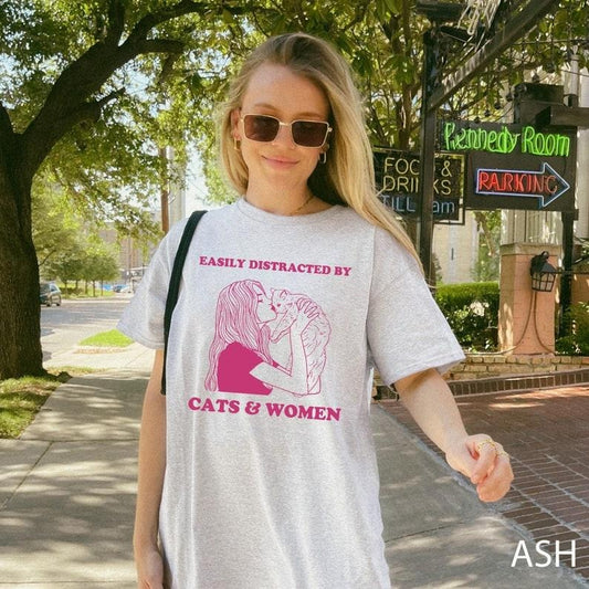 Easily Distracted By Cats And Women Funny For Lesbian Pride Shirt, LGBTQ Shirt, Rainbow Pride Shirt, Cat Lover Gift,...
