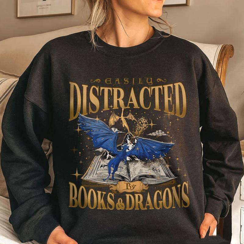 Easily Distracted by Dragon and Books Sweatshirt, Dragon Book Hoodie, Romantasy Book Gift, Dragons Fantasy Reader...