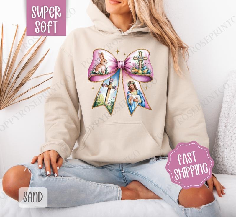 Easter Bow 2 Hoodie, Coquette Easter Women's Crewneck, Cute Religious Women's Hooded Sweater T-Shirts, Sweatshirt