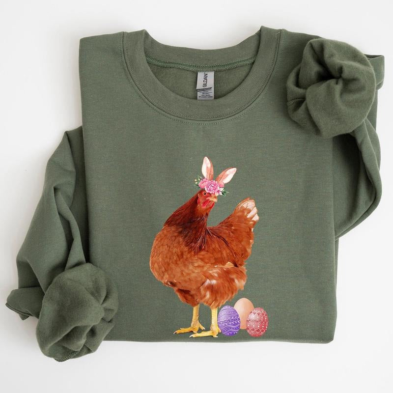 Easter Chicken, Rabbit, Eggs, Funny Sweatshirt, Women's Crew Neck, Crewneck T-Shirts, Hoodie | WearSparks.com